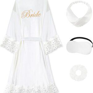 Bride Satin Lace Robe with Embroidery for Wedding Day and Bachelorette